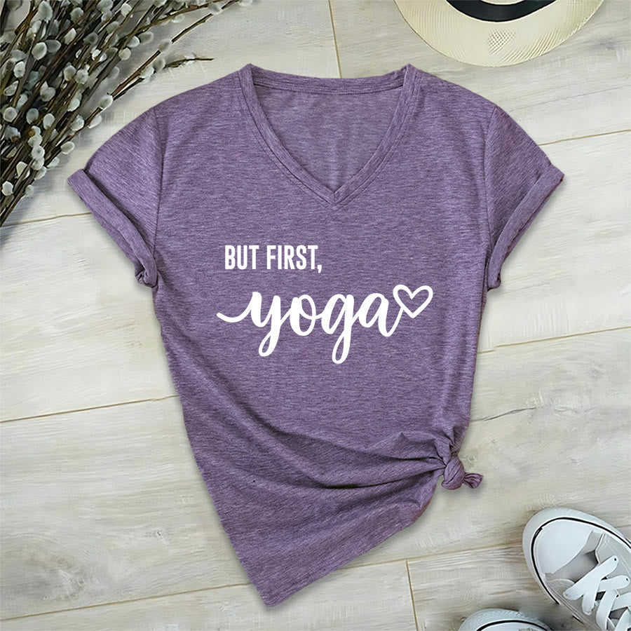 Olivenorma But First Yoga Heart Accent Cursive Text Graphic Women's V Neck T-Shirt - Purple - 2XL - image 36