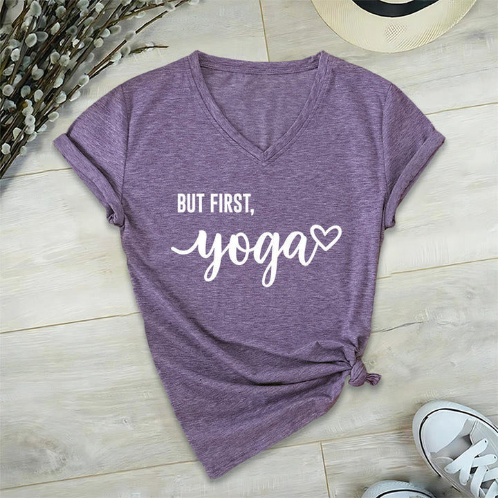 Olivenorma But First Yoga Heart Accent Cursive Text Graphic Women's V Neck T-Shirt - Purple - 2XL - image 36