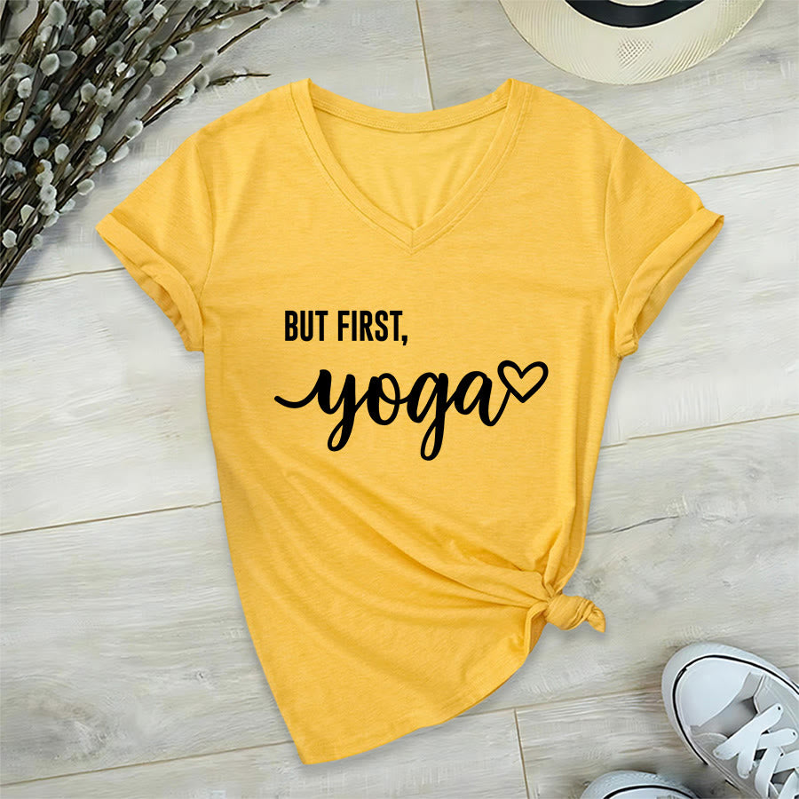 Olivenorma But First Yoga Heart Accent Cursive Text Graphic Women's V Neck T-Shirt - Yellow - 2XL - image 30