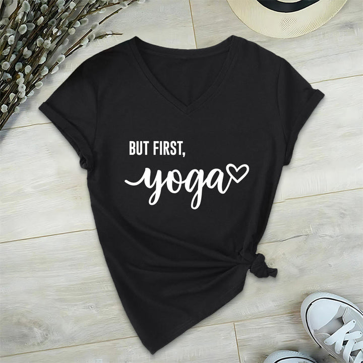 Olivenorma But First Yoga Heart Accent Cursive Text Graphic Women's V Neck T-Shirt - Black - 2XL - image 18