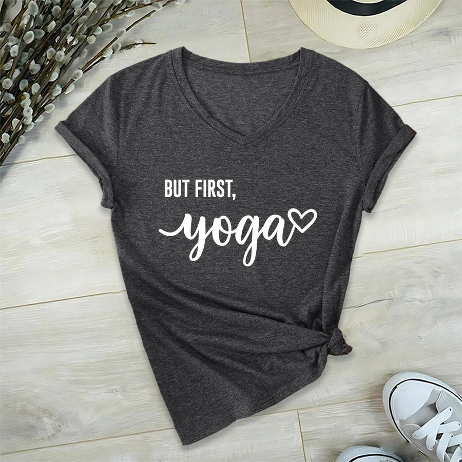 Olivenorma But First Yoga Heart Accent Cursive Text Graphic Women's V Neck T-Shirt - Gray - 2XL - image 3