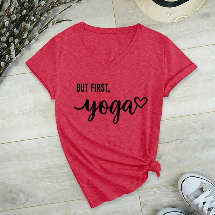 Olivenorma But First Yoga Heart Accent Cursive Text Graphic Women's V Neck T-Shirt - Red - 2XL - image 27