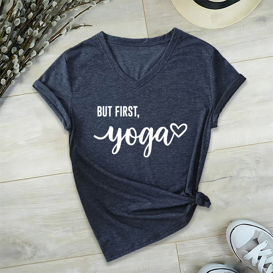 Olivenorma But First Yoga Heart Accent Cursive Text Graphic Women's V Neck T-Shirt - Navy Blue - 2XL - image 24