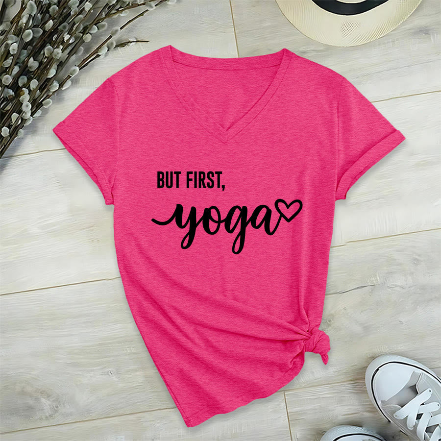 Olivenorma But First Yoga Heart Accent Cursive Text Graphic Women's V Neck T-Shirt - Rose Red - 2XL - image 33