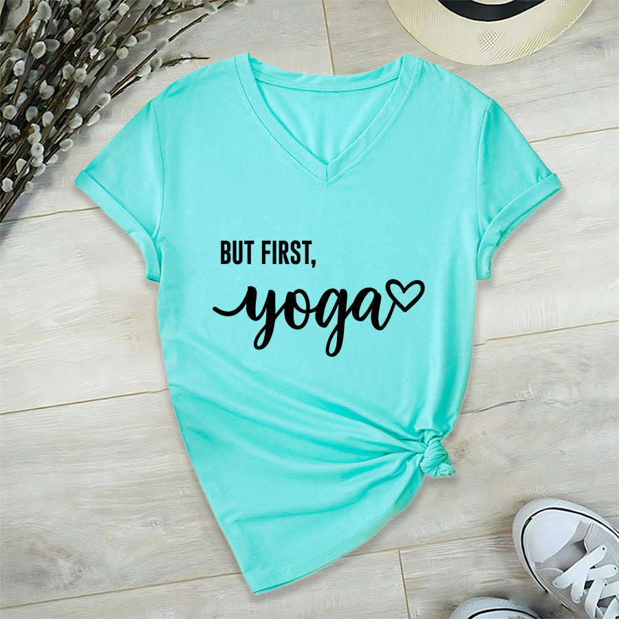 Olivenorma But First Yoga Heart Accent Cursive Text Graphic Women's V Neck T-Shirt - Lake Blue - 2XL - image 15