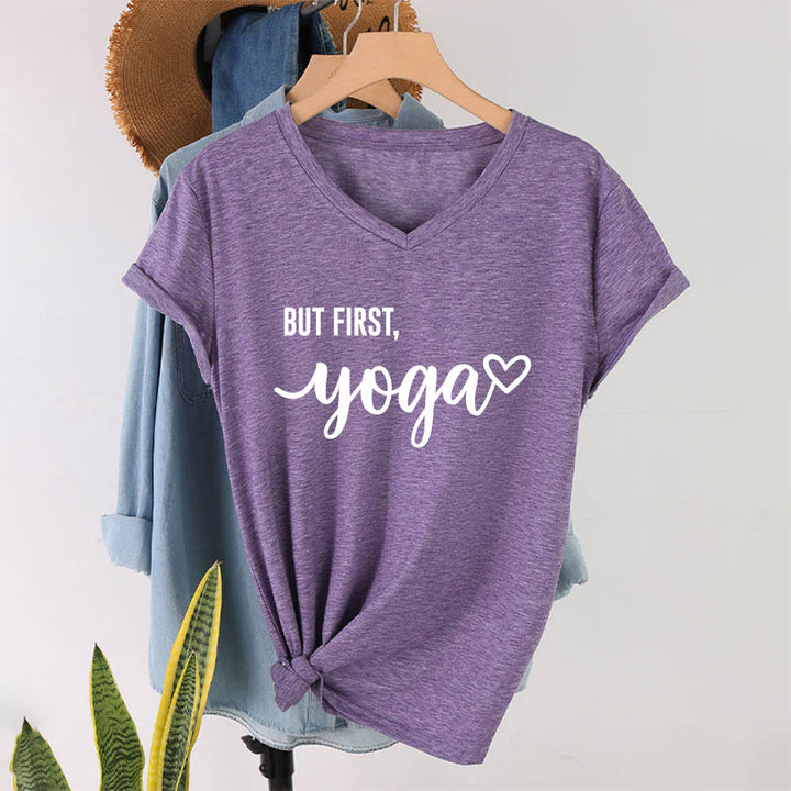 Olivenorma But First Yoga Heart Accent Cursive Text Graphic Women's V Neck T-Shirt - image 37