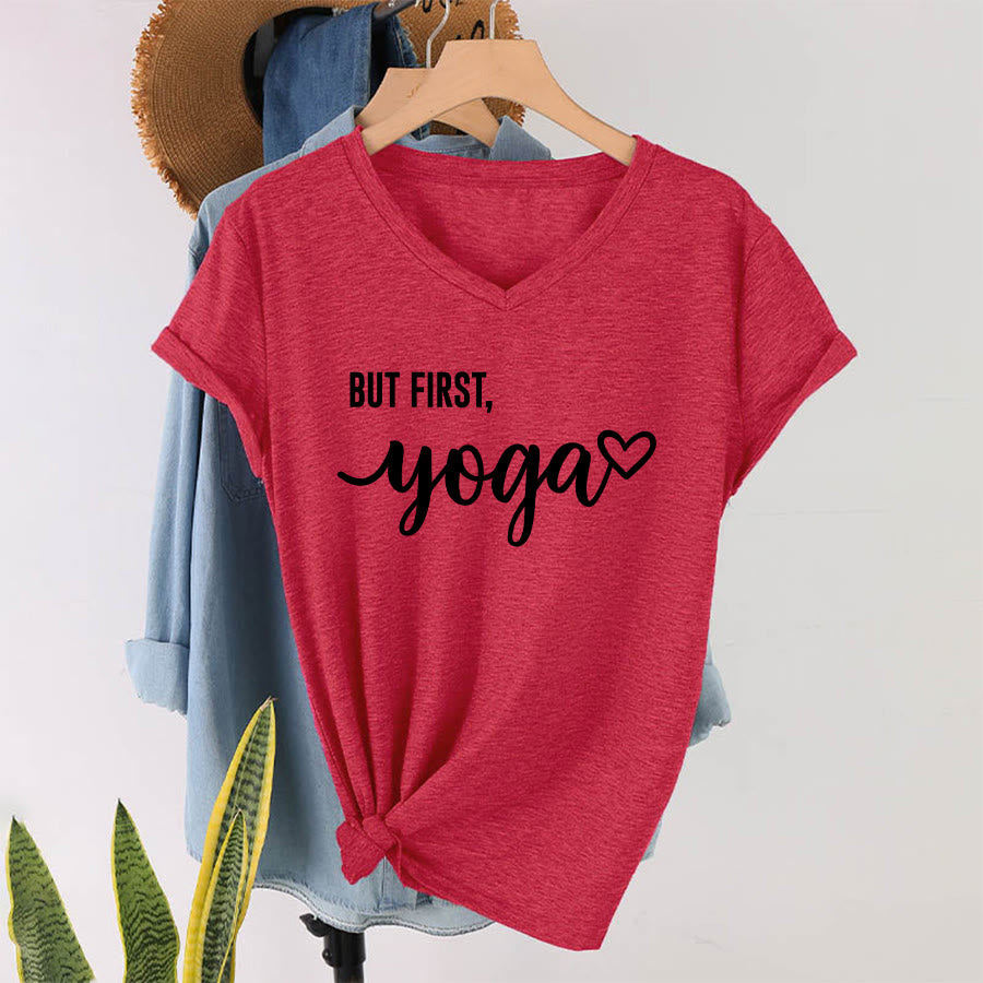 Olivenorma But First Yoga Heart Accent Cursive Text Graphic Women's V Neck T-Shirt - image 28