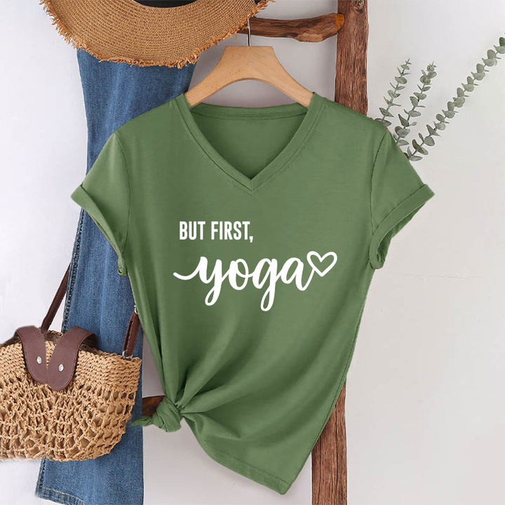 Olivenorma But First Yoga Heart Accent Cursive Text Graphic Women's V Neck T-Shirt - image 7
