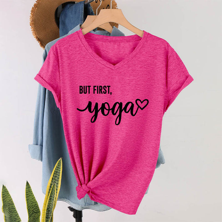 Olivenorma But First Yoga Heart Accent Cursive Text Graphic Women's V Neck T-Shirt - image 34