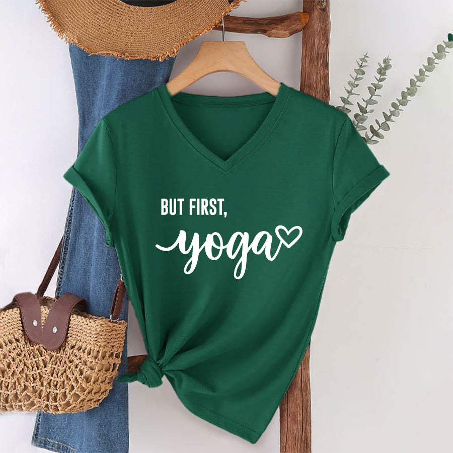 Olivenorma But First Yoga Heart Accent Cursive Text Graphic Women's V Neck T-Shirt - image 1