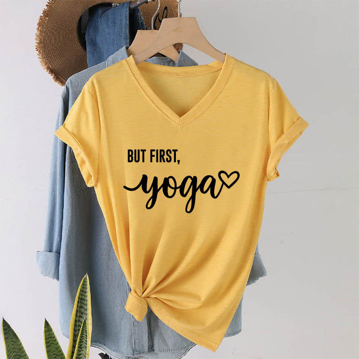 Olivenorma But First Yoga Heart Accent Cursive Text Graphic Women's V Neck T-Shirt - image 31