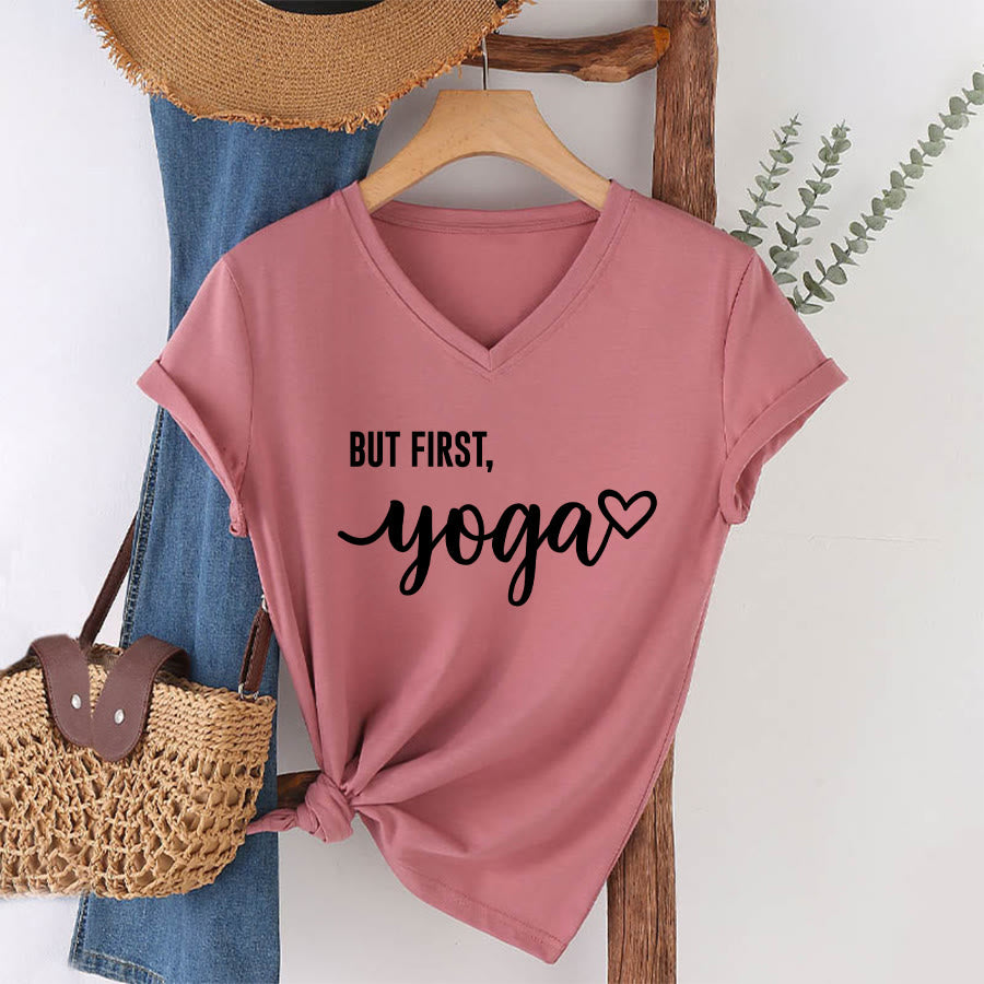 Olivenorma But First Yoga Heart Accent Cursive Text Graphic Women's V Neck T-Shirt - image 13