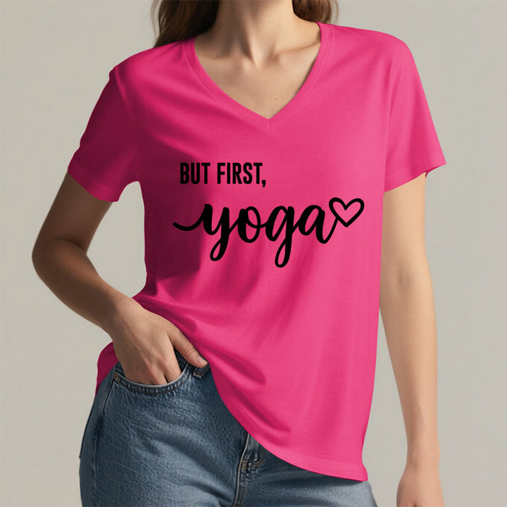 Olivenorma But First Yoga Heart Accent Cursive Text Graphic Women's V Neck T-Shirt - image 35