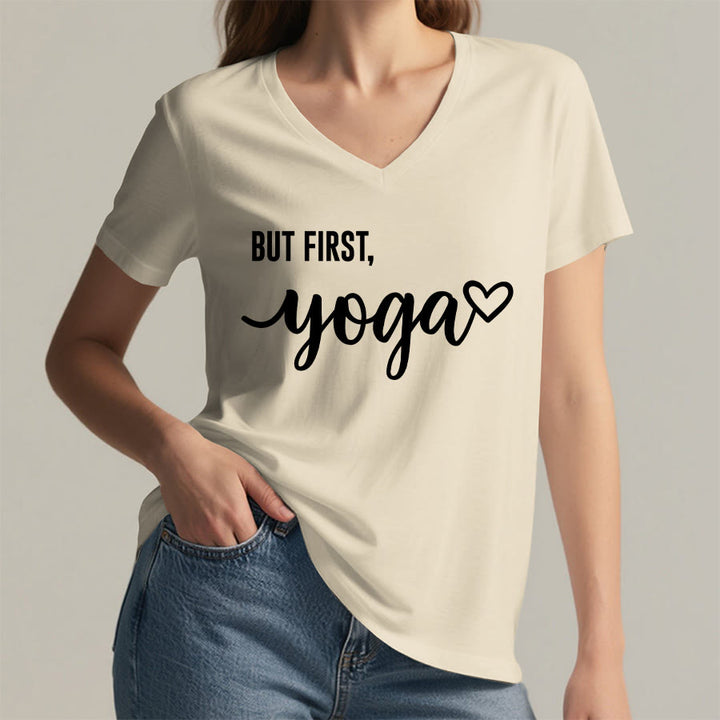 Olivenorma But First Yoga Heart Accent Cursive Text Graphic Women's V Neck T-Shirt - image 11