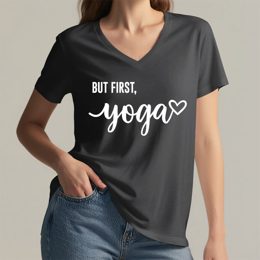Olivenorma But First Yoga Heart Accent Cursive Text Graphic Women's V Neck T-Shirt - image 5