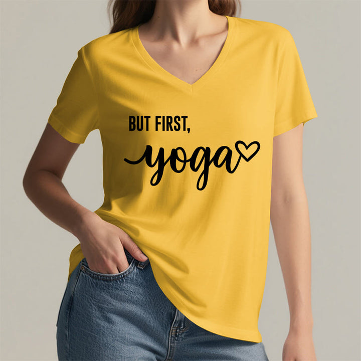 Olivenorma But First Yoga Heart Accent Cursive Text Graphic Women's V Neck T-Shirt - image 32