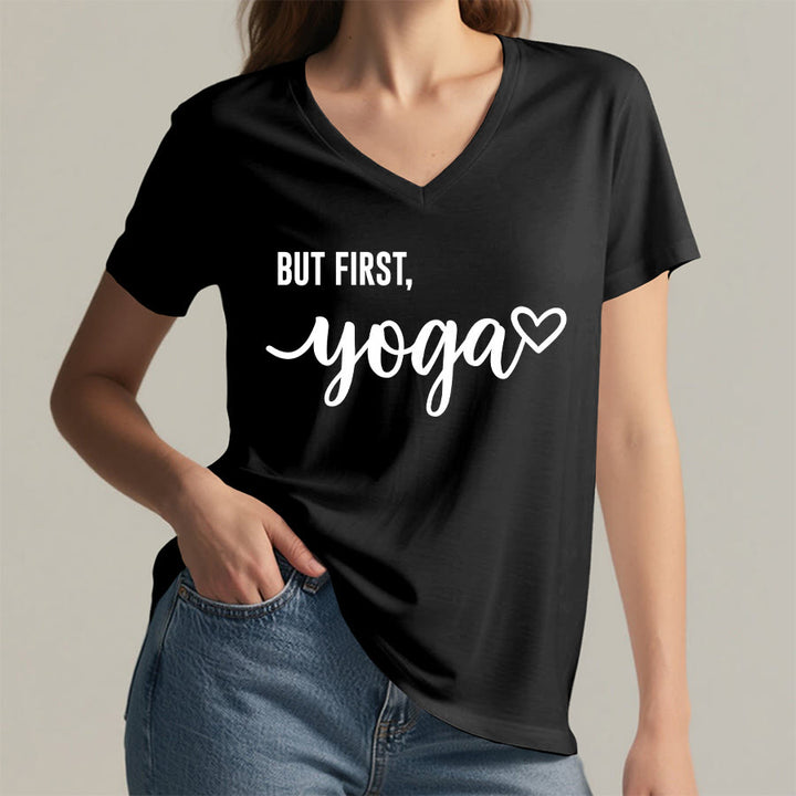 Olivenorma But First Yoga Heart Accent Cursive Text Graphic Women's V Neck T-Shirt - image 20