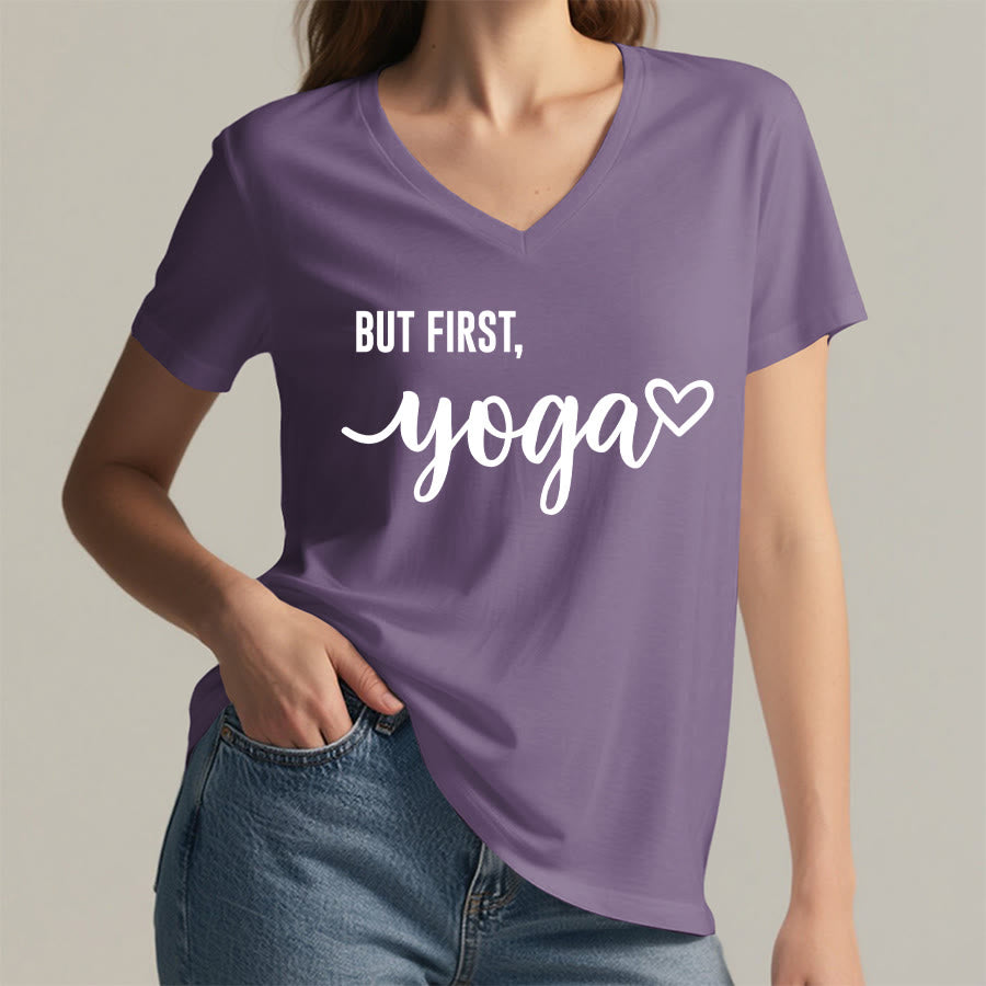 Olivenorma But First Yoga Heart Accent Cursive Text Graphic Women's V Neck T-Shirt - image 38