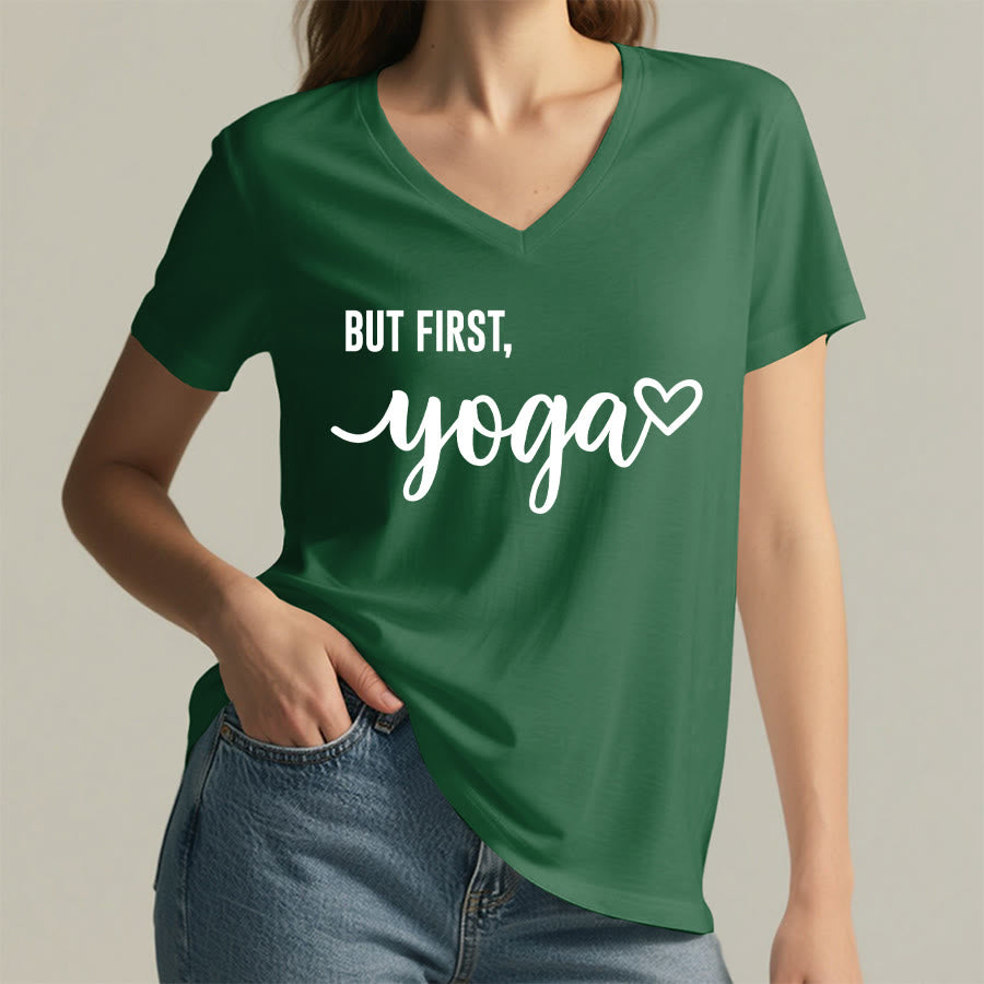 Olivenorma But First Yoga Heart Accent Cursive Text Graphic Women's V Neck T-Shirt - image 2
