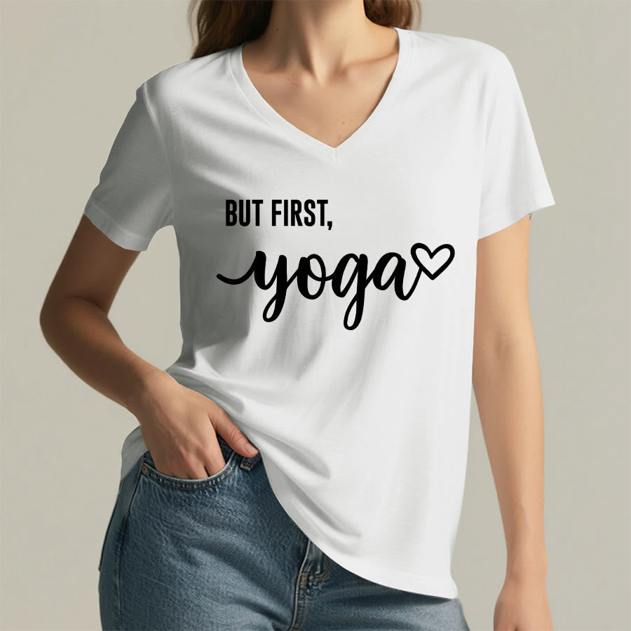 Olivenorma But First Yoga Heart Accent Cursive Text Graphic Women's V Neck T-Shirt - image 23