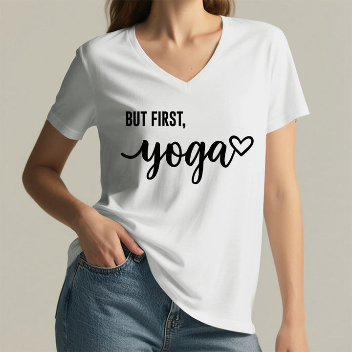 Olivenorma But First Yoga Heart Accent Cursive Text Graphic Women's V Neck T-Shirt - image 23