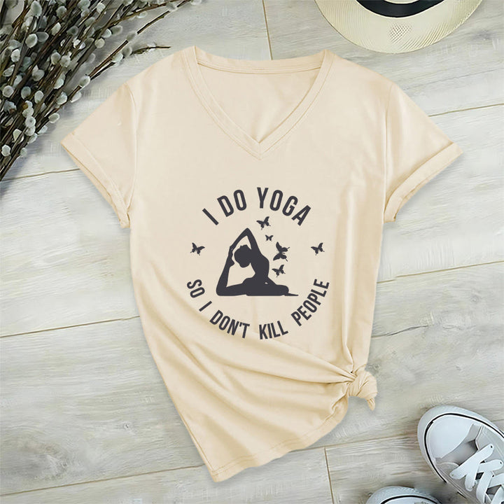 Olivenorma Funny I Do Yoga Butterfly Crescent Text Graphic Women's V Neck T-Shirt - Khaki - 2XL - image 12