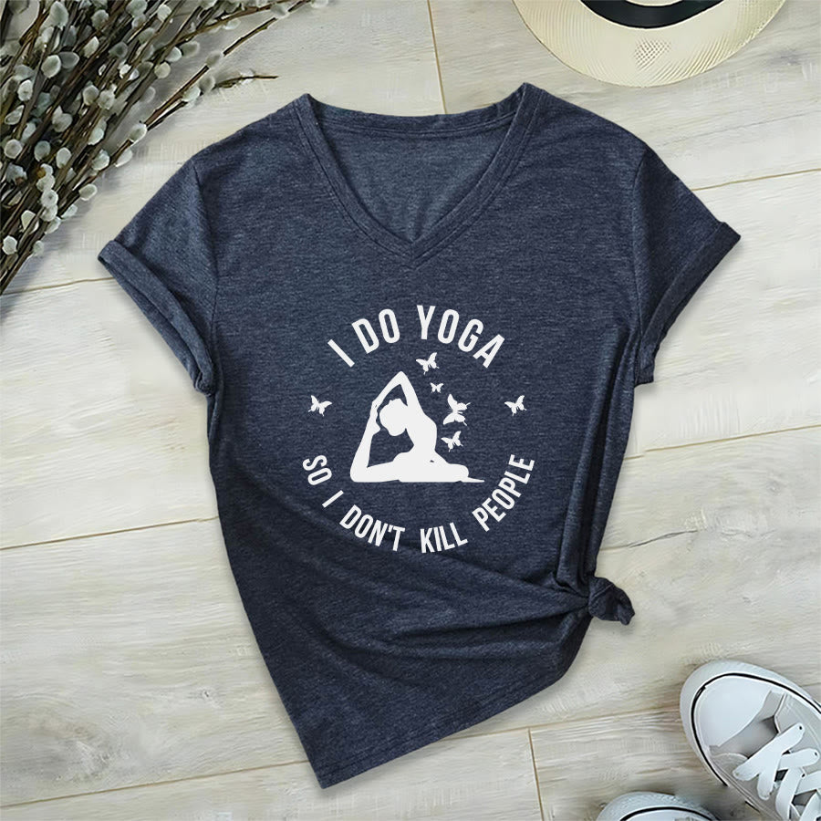 Olivenorma Funny I Do Yoga Butterfly Crescent Text Graphic Women's V Neck T-Shirt - Navy Blue - 2XL - image 27