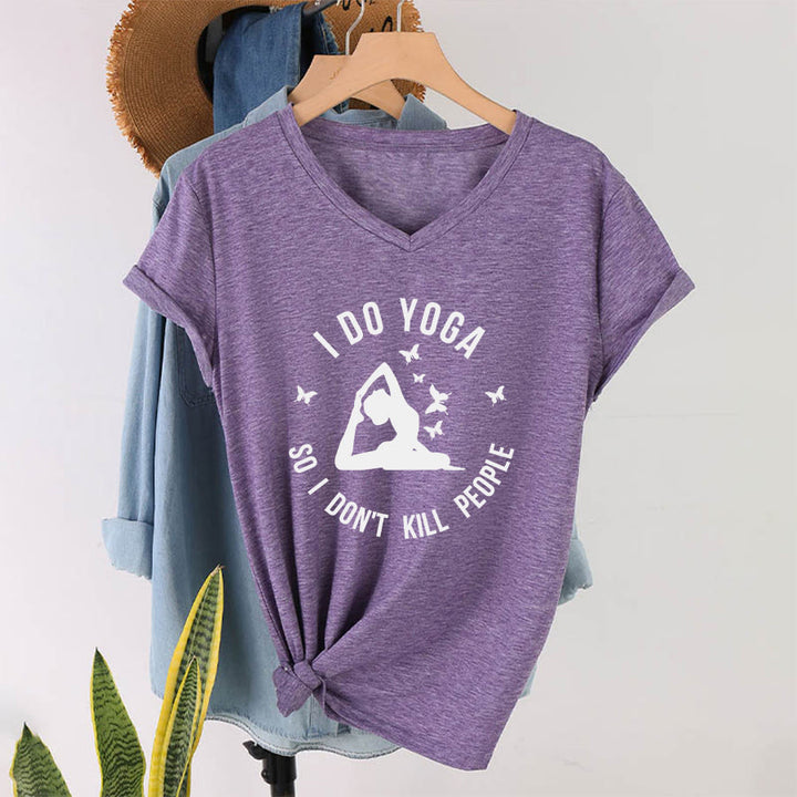 Olivenorma Funny I Do Yoga Butterfly Crescent Text Graphic Women's V Neck T-Shirt - image 1