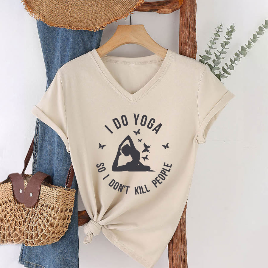Olivenorma Funny I Do Yoga Butterfly Crescent Text Graphic Women's V Neck T-Shirt - image 13
