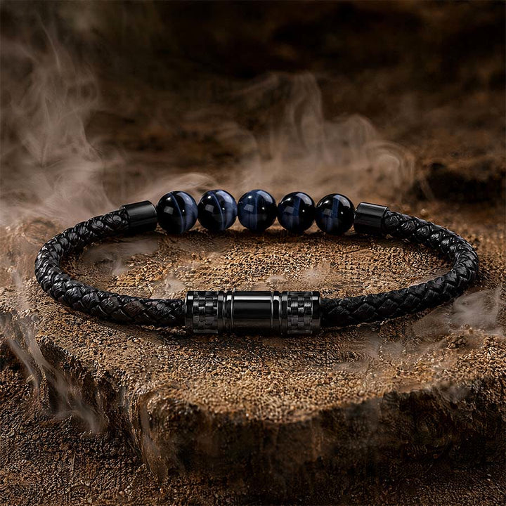 Olivenorma Tiger Eye Leather Woven Magnetic Clasp Minimal Luxury Bracelet - Blue Tiger Eye - 20cm - image 5