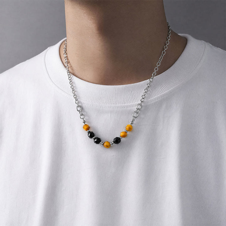 Olivenorma Tiger Eye & Silver Obsidian Beaded Cuban Link Chain Necklace - image 1
