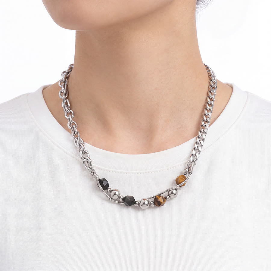 Olivenorma Tiger Eye & Silver Obsidian Beaded Wrap Titanium Steel Necklace - image 1