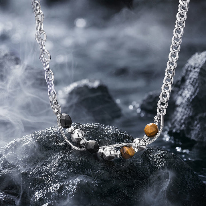 Olivenorma Tiger Eye & Silver Obsidian Beaded Wrap Titanium Steel Necklace - image 2