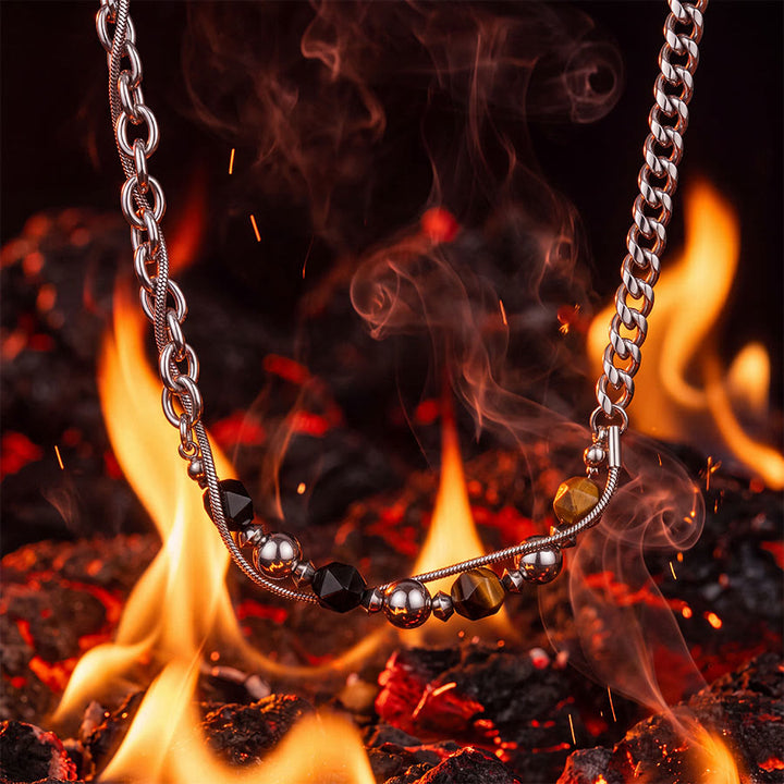 Olivenorma Tiger Eye & Silver Obsidian Beaded Wrap Titanium Steel Necklace - image 4