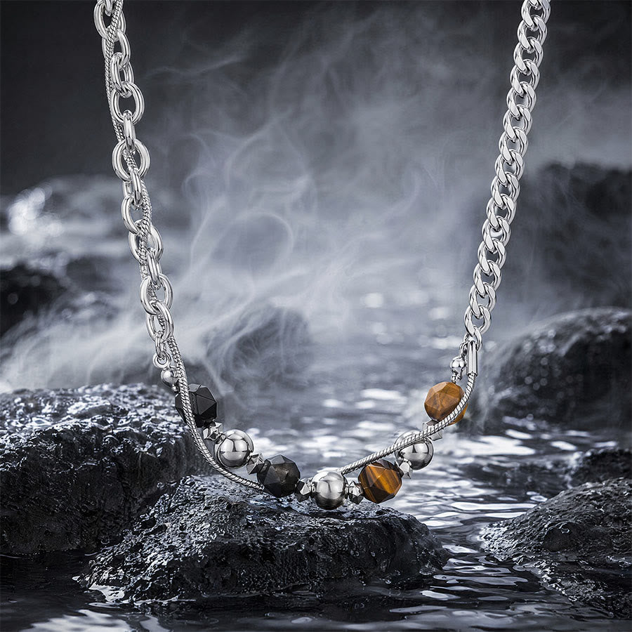 Olivenorma Tiger Eye & Silver Obsidian Beaded Wrap Titanium Steel Necklace - Tiger Eye & Silver Obsidian - 50+5cm - image 0