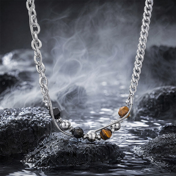 Olivenorma Tiger Eye & Silver Obsidian Beaded Wrap Titanium Steel Necklace - Tiger Eye & Silver Obsidian - 50+5cm - image 0