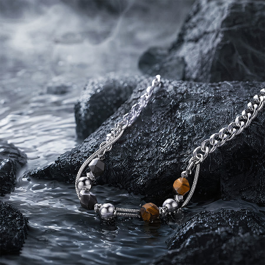 Olivenorma Tiger Eye & Silver Obsidian Beaded Wrap Titanium Steel Necklace - image 3