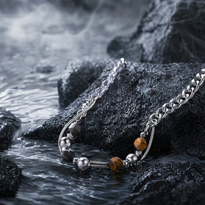 Olivenorma Tiger Eye & Silver Obsidian Beaded Wrap Titanium Steel Necklace - image 3