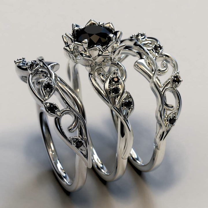 FREE Today: 3PCS Black Diamond Flower Engagement Bridal Ring Set - image 2