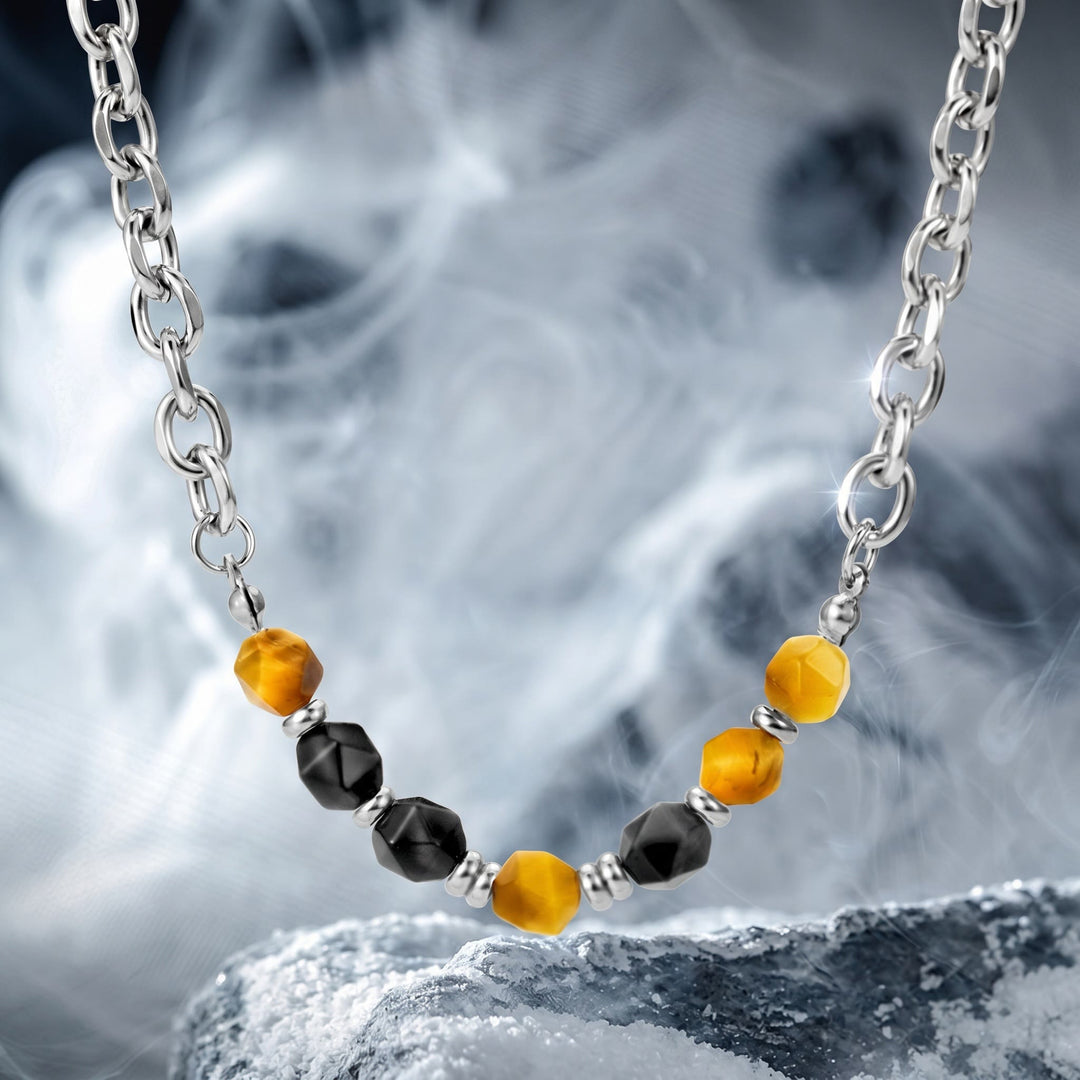 Olivenorma Tiger Eye & Silver Obsidian Beaded Cuban Link Chain Necklace - Tiger Eye & Silver Obsidian - 50+5cm - image 0