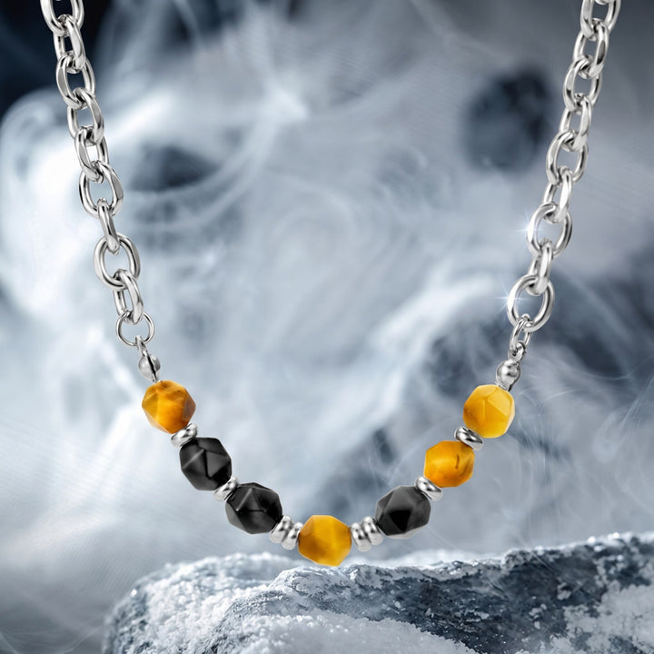 Olivenorma Tiger Eye & Silver Obsidian Beaded Cuban Link Chain Necklace - Tiger Eye & Silver Obsidian - 50+5cm - image 0
