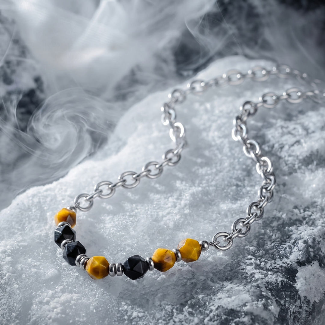 Olivenorma Tiger Eye & Silver Obsidian Beaded Cuban Link Chain Necklace - image 2