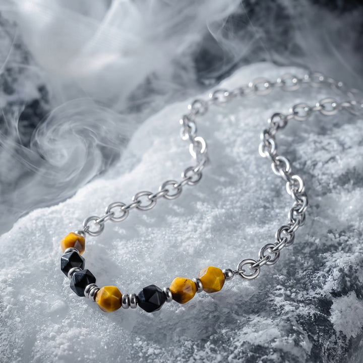 Olivenorma Tiger Eye & Silver Obsidian Beaded Cuban Link Chain Necklace - image 2