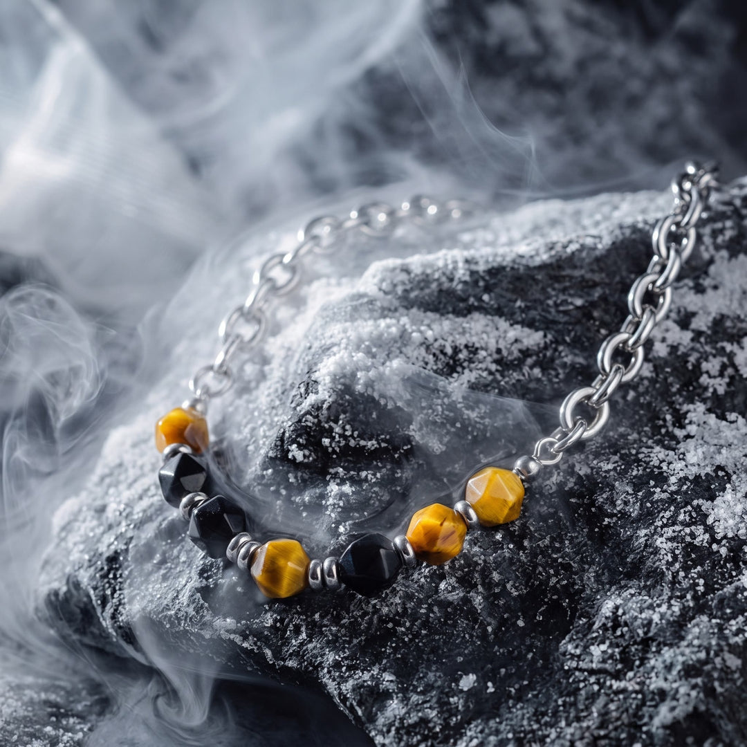Olivenorma Tiger Eye & Silver Obsidian Beaded Cuban Link Chain Necklace - image 3