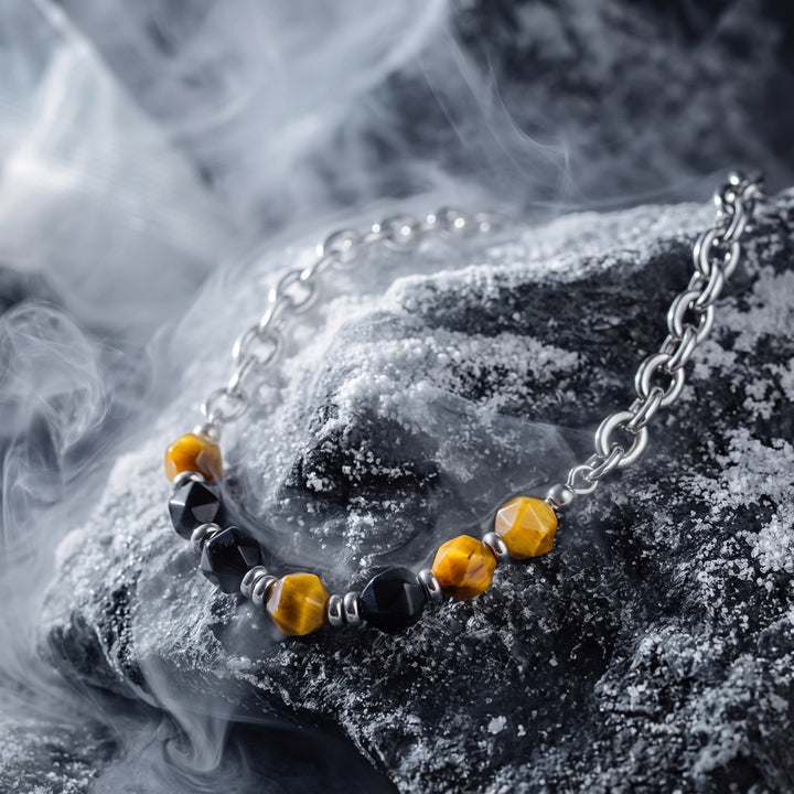 Olivenorma Tiger Eye & Silver Obsidian Beaded Cuban Link Chain Necklace - image 3