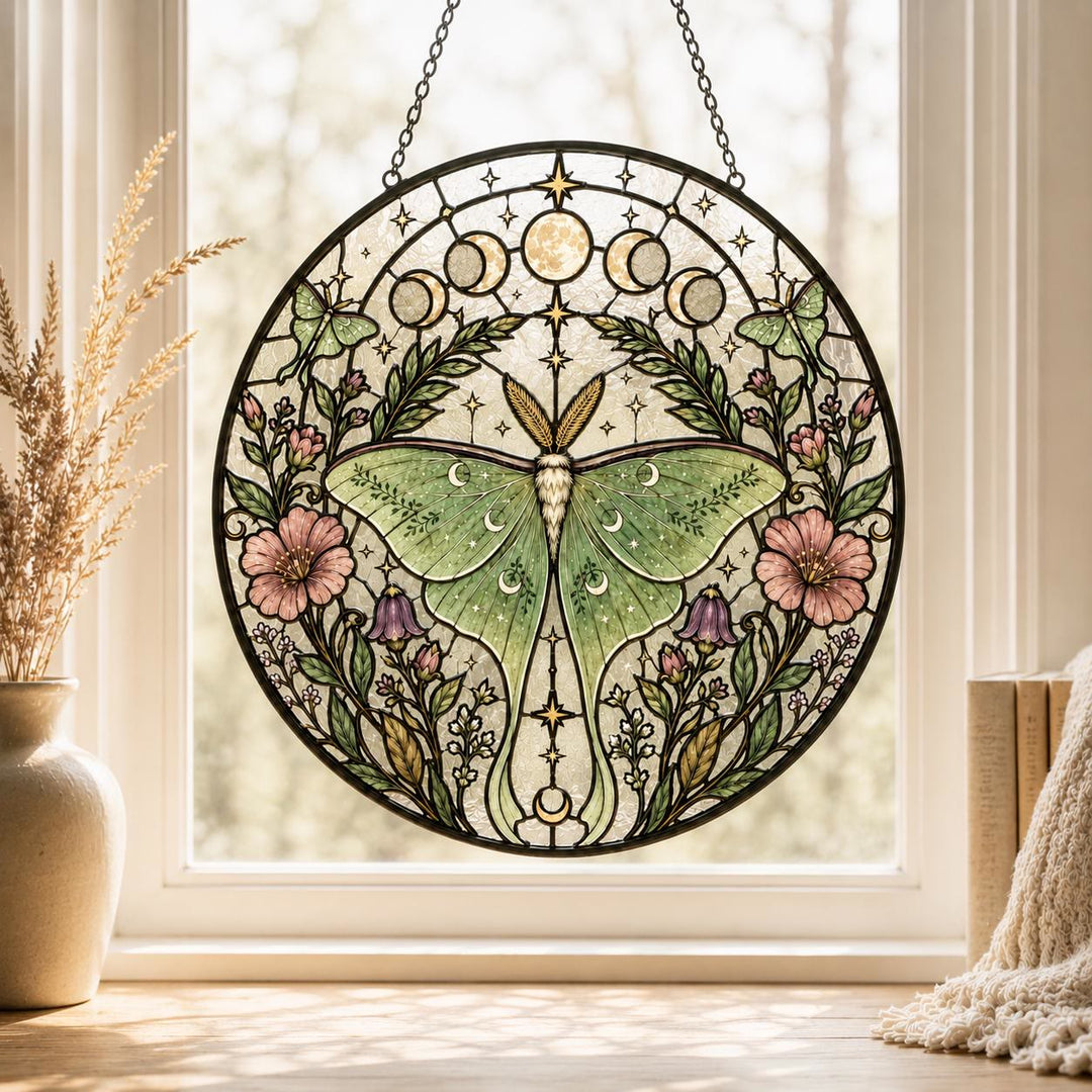 Olivenorma Luna Moth Moon Phase Stained Glass Sun Catcher - 30cm - image 0