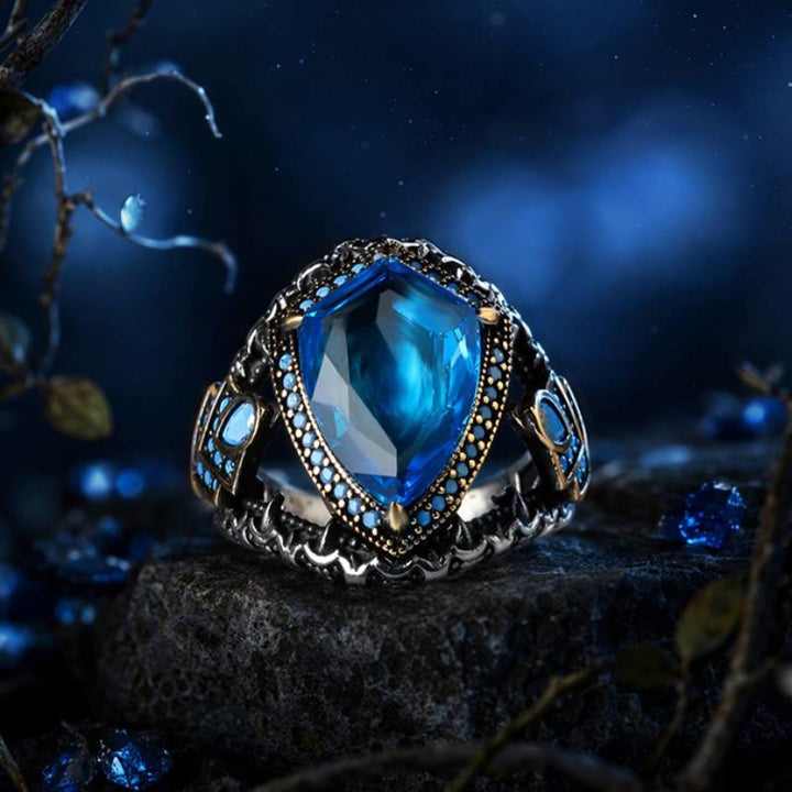 FREE Today: Blue Aquamarine Stone Shield of Midgard Ring - US 13 - image 0