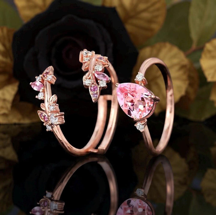 FREE Today: Vintage Rose Gold Pear Pink Sapphire Engagement Ring Set - image 6