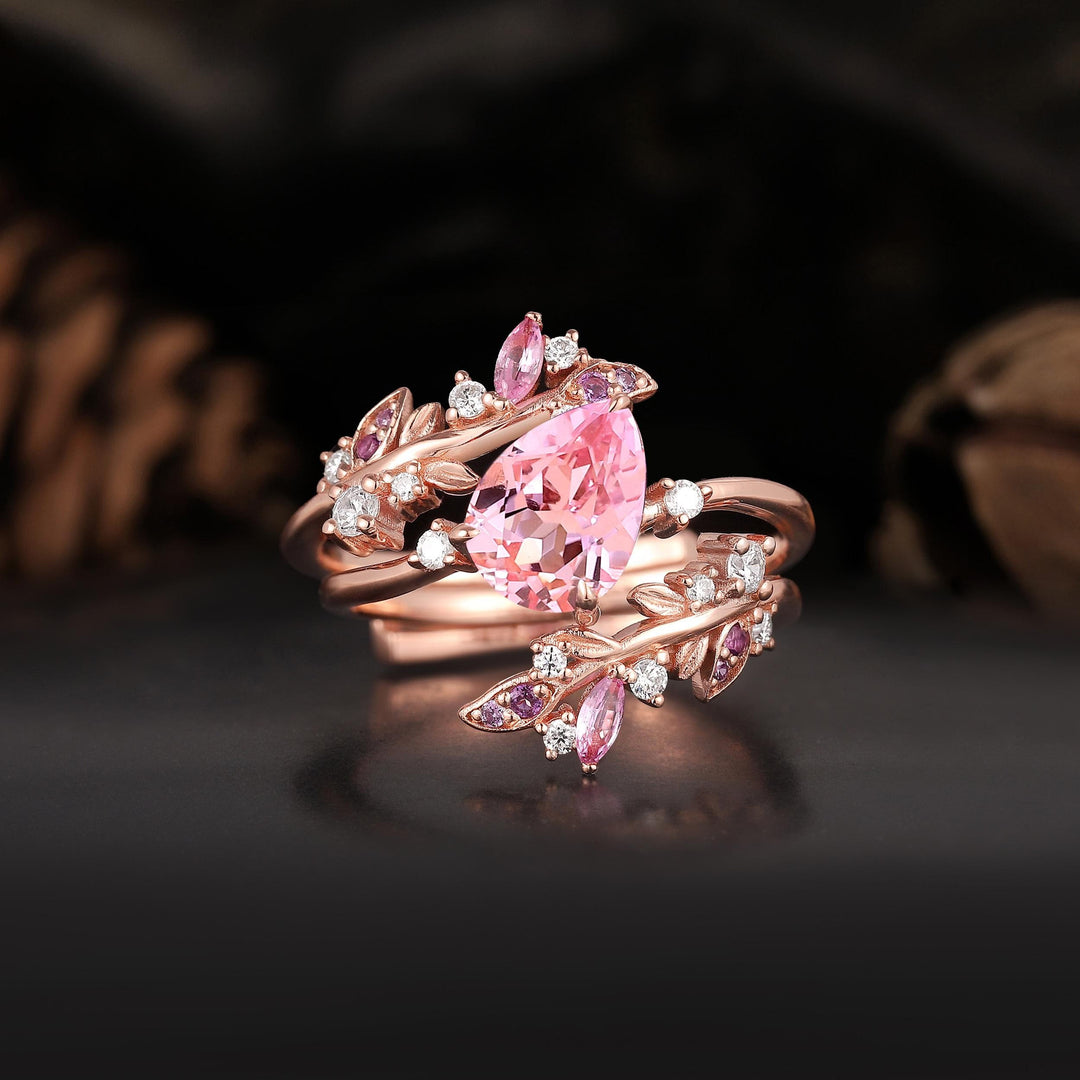 FREE Today: Vintage Rose Gold Pear Pink Sapphire Engagement Ring Set - US 10 - image 0