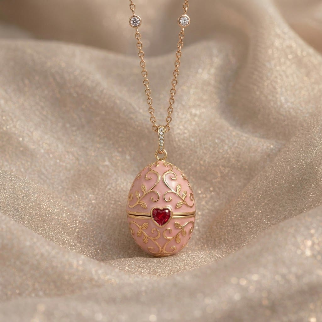 FREE Today: Enameled Easter Egg Pendant Locket Necklace - Pink Egg & Red Zircon - image 1